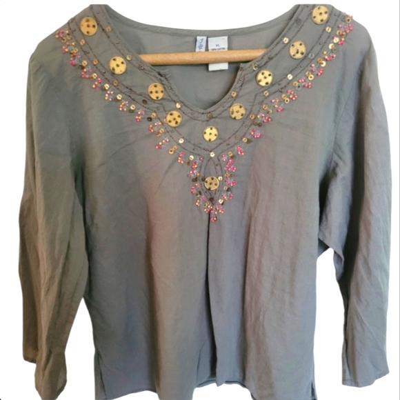 J. Gee Gray Bohemian Beaded Long Sleeve Blouse Size Extra Large - Picture 1 of 8
